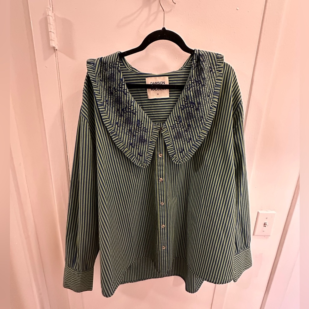 Damson Madder blue and green Peter Pan collar shirt